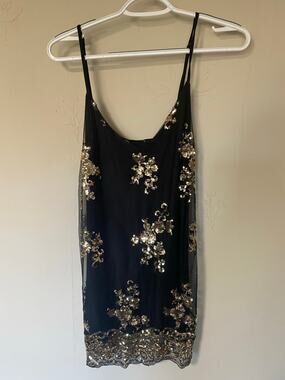 About a Girl Black Mesh & Gold Sequins Slip Tank Cami large Disco Going Out